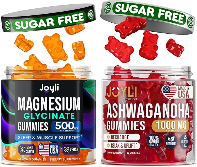 JOYLI Magnesium &amp Ashwagandha Gummies Bundle – Sugar-Free Vegan with Magnesium Glycinate &amp Ashwagandha Root – Daily Wellness Support – 2x60 Gummies