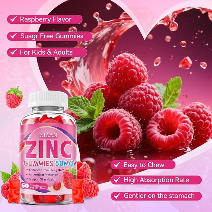 Zinc Gummies for Kids &amp Adults Chewable Zinc Supplements for Women &amp Men Supports Immune System &amp Cellular Health &amp Antioxidant Protection Vegan/Sugar-Free Raspberry Flavor 120 Coun