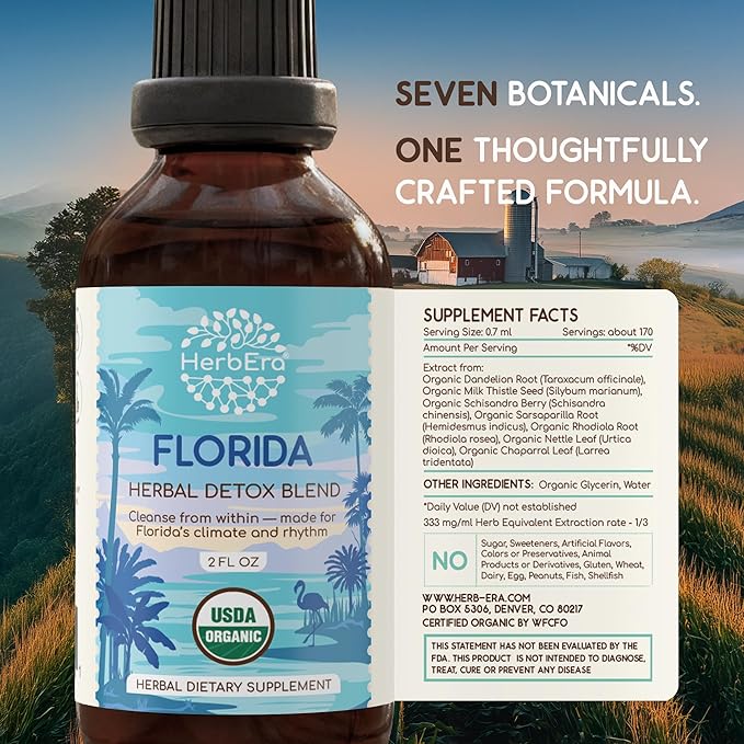 HerbEra Florida Herbal Detox Blend - USDA Organic Extract Made in USA | Immune &amp Liver Support Liquid Drops | Dandelion Root Milk Thistle Rhodiola Sarsaparilla Schisandra | 2 fl oz