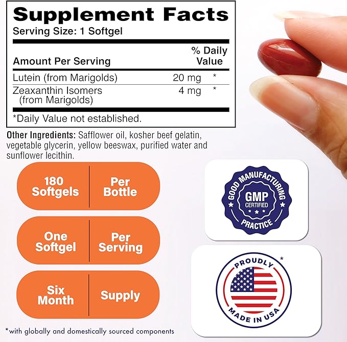 Lutein 20mg with Zeaxanthin 4mg 180 Softgels | Trans-Isomer Marigold Extract in Nature Identical 5:1 Ratio | Supports Healthy Eye Skin and Brain | Non-GMO Soy &amp Gluten Free | by Health Thru Nutri
