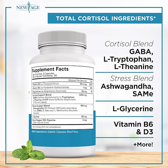 NEW AGE Cortisol Supplement for Women - Cortisol Detox Manager Reducer- Ashwagandha GABA 5 HTP L-Tryptophan L-Theanine - 90 Count