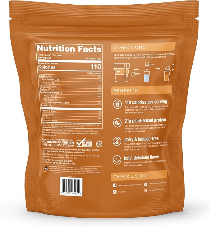 NutraOne ProteinOne Vegan Plant-Based Protein Powder Vegan Protein Powder Dairy-Free Pea and Rice Protein (Cookie Butter)