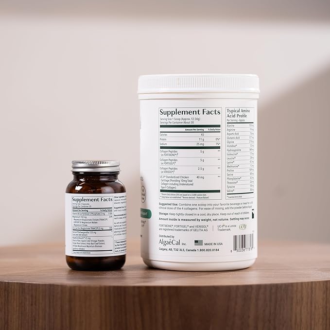 ALGAECAL Collagen - 4 Clinically-Supported Peptides VERISOL® FORTIGEL® UC-II® FORTIBONE® Collagen Powder 3 Packs Magnesium Relax™ - Chelated Magnesium with Ashwagandha (60 Caps)