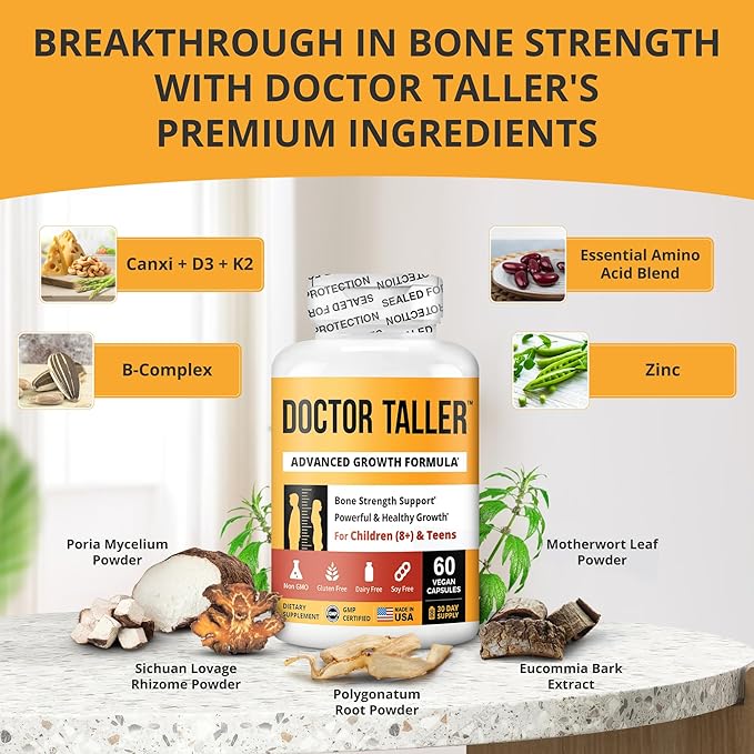 NuBest Doctor Taller - Bone Strength Supports Enhance Immune System - Keto with Calcium Vitamin D3 Vitamin K2 Amino Acids &amp Herbs for Children (8+) - 60 Vegan Capsules | 1 Month Supply