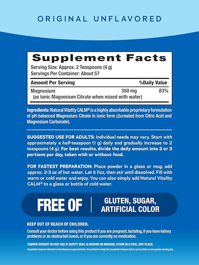 Natural Vitality MaxCalm Magnesium Powder | High Absorbable Ionic Glycinate and Citrate Formula | 8oz Unflavored Supplement