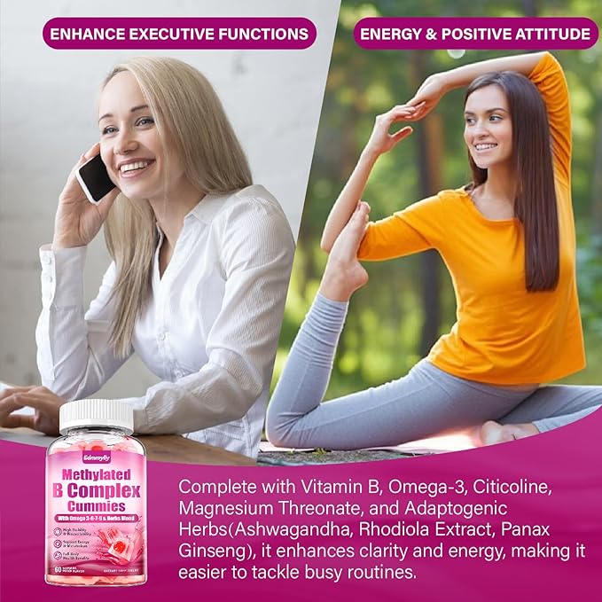 Methylated B Complex multivitamin for Women - Daily Vitamin B1 B2 B6 B12 Gummies with Folate Vitamin C Magnesium &amp Omega 3 - Supports for Immune &amp Over-All Health