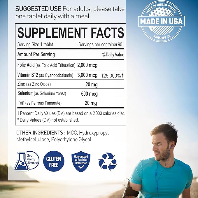 Vital Blood Boost – Dietary Supplement with Iron Selenium Zinc Vitamin B12 &amp Folic Acid – 90 Tablets 90 Day Supply