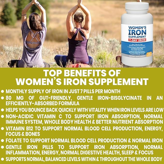 Women’s Iron Supplement Pills for Women Bis-Glycinate 80mg 7 Iron Pills for 30 Days’ Worth of No Stomach Binding Vegan Alkaline VIT C Iron Pill for Women 30 Capsules 3-Pack