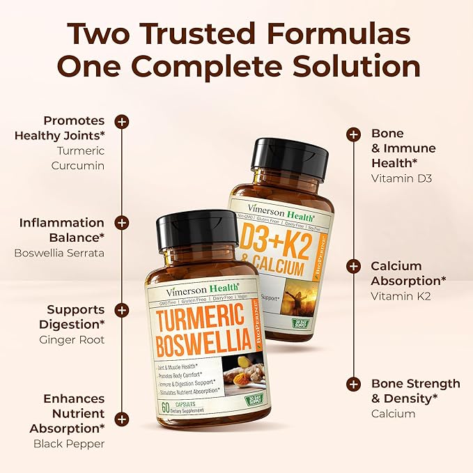 Boswellia Turmeric Curcumin Supplement + Vitamin D3 K2 5000 IU Bundle – Supports Joint Health &amp Immune Bone Heart Health – with Ginger Root Organic Turmeric Powder Vitamin D K2 Calcium