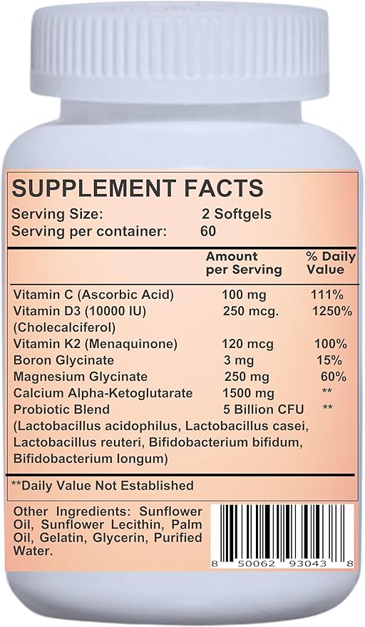 Liposomal Calcium AKG 1500mg Vitamin C D3 K2 Mg+ &amp Probiotics Supplement-120 Softgels