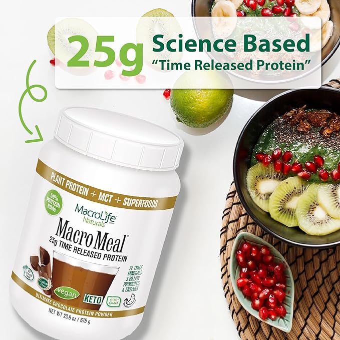 MacroLife Naturals MacroMeal Chocolate Vegan Protein Powder 25g + Superfood Greens 3 Billion Probiotics &amp Fiber for Lasting Energy - Plant Based Shake &amp Smoothie Mix Non-GMO Gluten-Free - 15