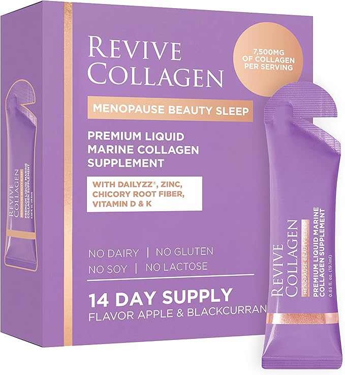 Revive Collagen Menopause Beauty Sleep — Hydrolyzed Marine Collagen Drink for Women 7500MG Zinc Chicory Root Fiber Vitamin D &amp K Supports Sleep Quality Apple &amp Blackcurrant Flavour — 14