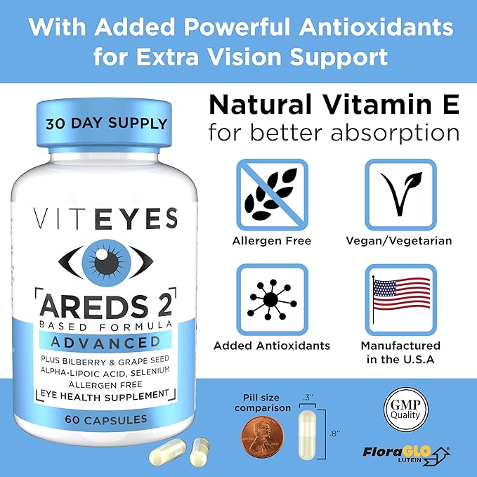 Viteyes AREDS 2 Advanced Macular Support with Bilberry grapeseed FLORAGLO Lutein Selenium Natural Vitamin E Allergen Free Eye Vitamins for Vision Protection 60 Count