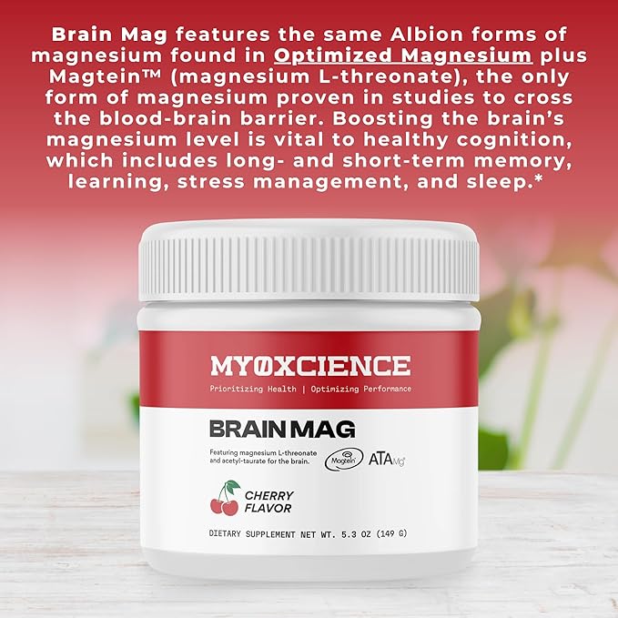 Brain Mag Magnesium L-Threonate (Magtein) w/Mag Taurate (ATA Mag) Mag Glycinate for Brain Support | 60 Servings (Cherry)