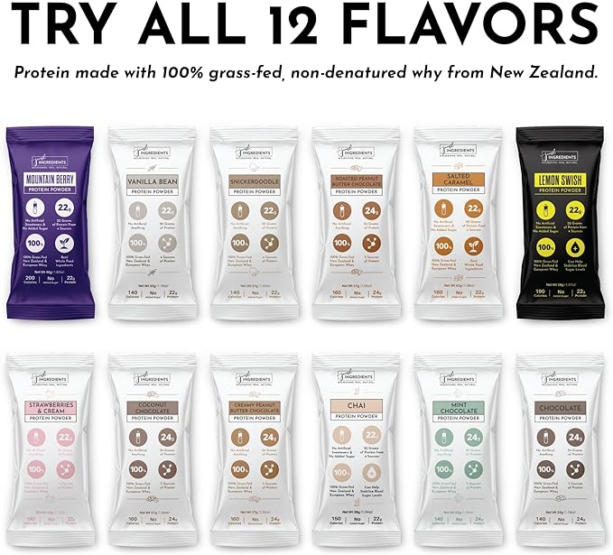 Protein Powder Made with 100% Grass Fed Non Denatured Whey | Four Different Protein Sources from Organic Whole Food Ingredients | 12 Servings | 22g Protein (12 Servings Sample Variety Pack)