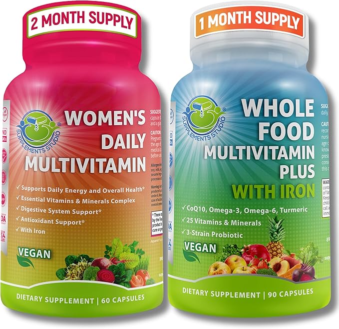 Vegan Whole Food Multivitamin with Iron &amp Women’s Daily Multivitamin with Iron Organic Superfoods Probiotics &amp Digestive Enzymes Bundle – Vegan Non-GMO Clean Daily Wellness Support