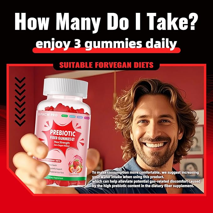 Prebiotic Fiber Gummies for Adults 7G Extra Strength Zero Sugar Added 90 Pectin Based Gummies Digestive Health &amp Regularity Support-Strawberry-2PACK