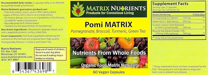 POMI Matrix - 10 Times Stronger Than the Competition! - Lower PSA Levels for Healthy Prostate - 100% Organic - Ingredients: Pomegranate Green Tea Turmeric Broccoli - Vegan Capsules (60ct)