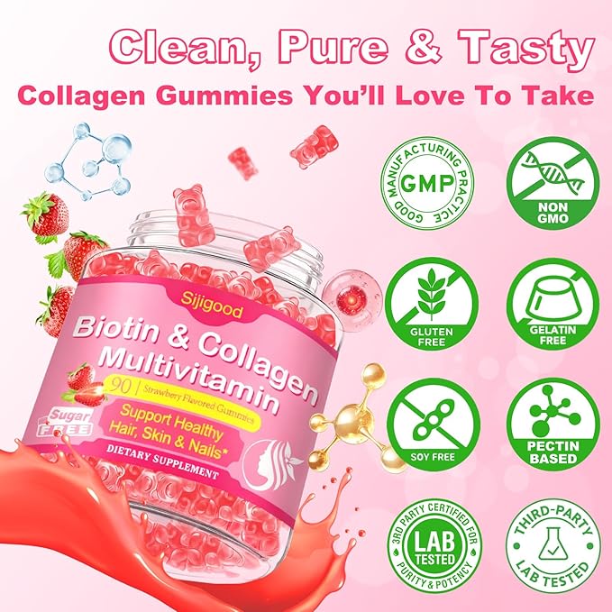 180 Count | Collagen Peptides Gummies for Women Men Collagen Gummies with Multi Hydrolyzed Protein Type IIIIIIVX Biotin Vitamin C B12 D A E for Skin Hair Nails Bone Sugar Free