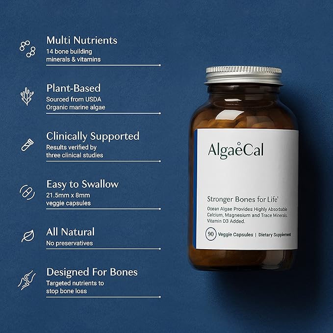 ALGAECAL- Plant Based Calcium Supplement with Vitamin D3 (1000 IU) for Bone Strength Contains 13 Minerals Supporting Bone Health Organic Calcium (750 mg) for Women &amp Men 90 Veggie Caps Made in