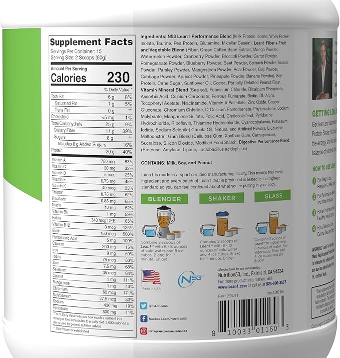 Lean1 Meal Replacement Protein Powder Chocolate Peanut Butter Flavor 15-Serving Tub.