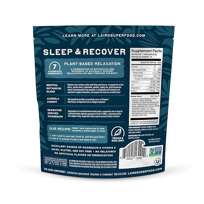Laird Superfood Sleep &amp Recover Bedtime Powdered Drink Mix Calming Supplement to Support Relaxation and Sleep with Tart Cherry and Chamomile 0.3 Oz Packet Pack of 10