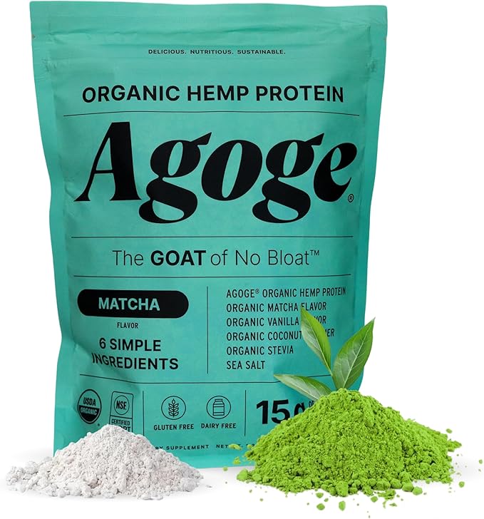Agoge - USDA Organic Hemp Protein Powder The Goat of No Bloat NSF Certified for Sport All Flavor Essential Amino Acids Plant-Based Gluten Free for Women &amp Men (20 Servings) (Matcha)