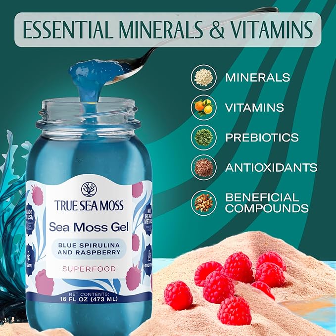 TrueSeaMoss Sea Moss Gel – Made in USA – Wildcrafted Seamoss Fruits &amp Jarred Vegetables – Blue Spirulina Pack of 2 (Labels may Vary)
