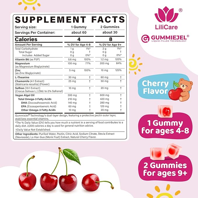Kids Calm Magnesium Bisglycinate + Omega 3 Gummies High Absorption Magnesium Glycinate Supplement Gummy for Kids with L-Theanine Chamomile &amp Saffron Natural Calming Focus Gummies - Sugar Free