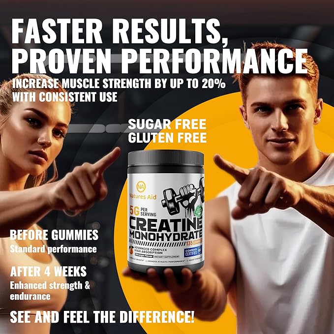 Natures Aid NSF Certified Creatine Gummy 5g - Creatine Monohydrate Gummies – Pre-Workout Energy &amp Muscle Growth Support for Men &amp Women | Orange Electrolyte Gummies (135 Count)