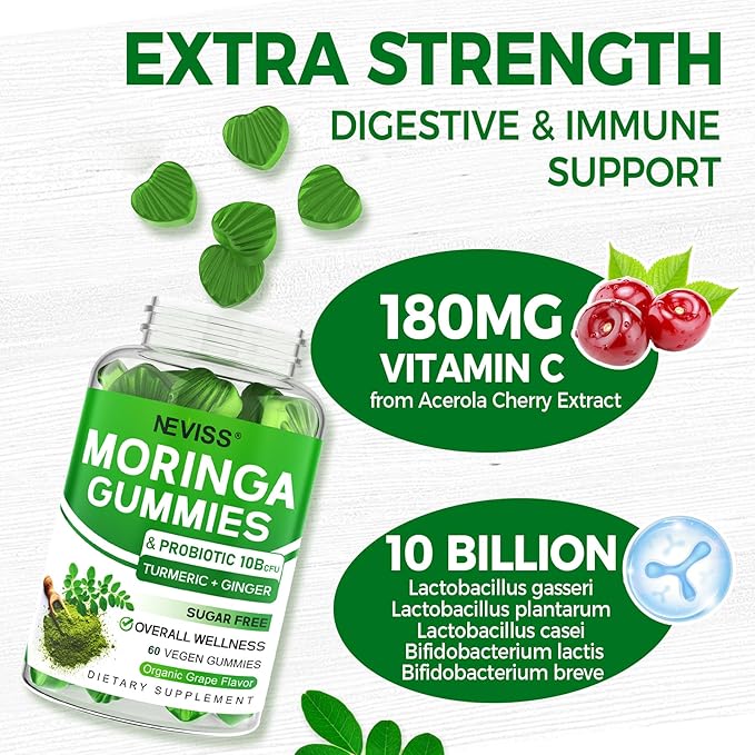 Moringa Gummies for Women Men w/Probiotic Turmeric Ginger Ceylon Cinnamon Sugar Free Organic Moringa Powder Capsules Alternatives Pure Moringa Leaves Green Superfood Supplement - Vegan 120Cts