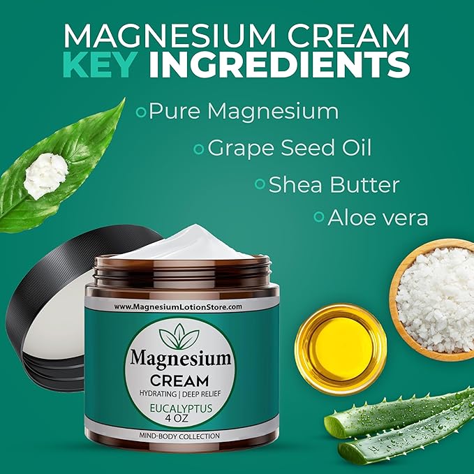 Magnesium Cream with Eucalyptus Scent Topical Cream for Sleep Leg Cramps &amp Pain Muscle Relaxation Calm Moisturizing Supplement with Coconut Oil Shea Butter Aloe 4oz USA Made