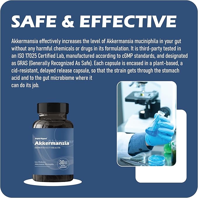 Akkermansia Probiotic with Prebiotic Fiber - Increases GLP-1 Production Delayed Release Third-Party Tested 100M AFU Live Strain for Gut Health for Men &amp Women (2pcs)