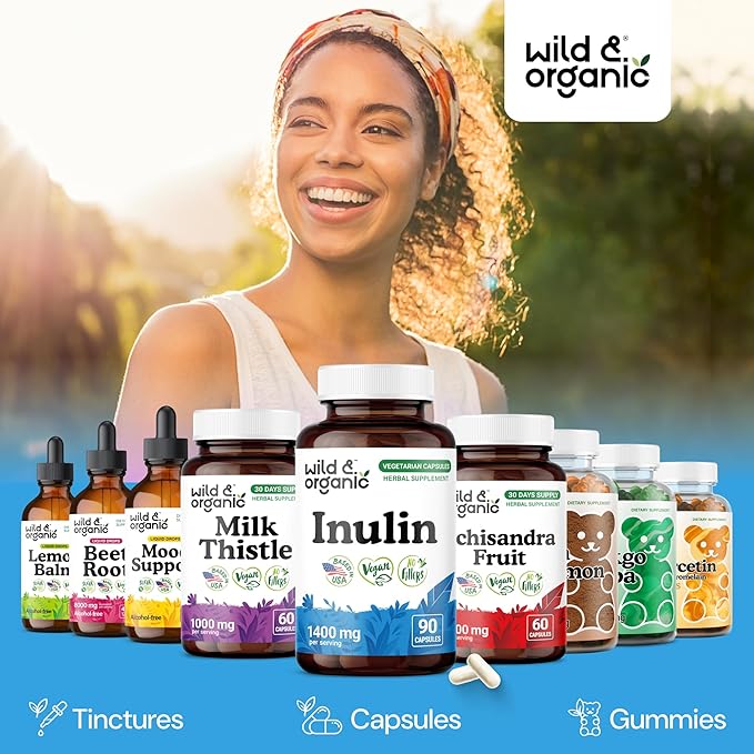 Wild &amp Organic Inulin Capsules 1400 mg - Digestive &amp Gut Support - Chicory Root Inulin Powder Supplement with Prebiotic Fiber - Vegan No Fillers Non-GMO - 90 Count
