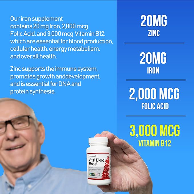 Vital Blood Boost – Dietary Supplement with Iron Selenium Zinc Vitamin B12 &amp Folic Acid – 90 Tablets 90 Day Supply