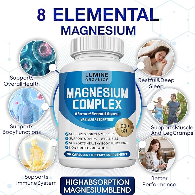 1PCSLumine Organics Magnesium Complex Magnesium Complex for Women Supplement 1000mg - Advanced 8-in-1 Magnesium Blend - GlycinateCitrateMalateTaurate90 Capsules (1)