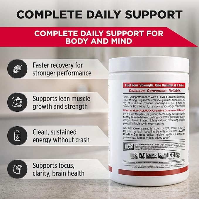 ALLMAX Creatine Gummies 90 Count Creatine Monohydrate Gummies 1250 mg Per Gummy Sugar Free Creatine Supplement for Women &amp Men Strength &amp Performance Support Tropical Fruit Punch