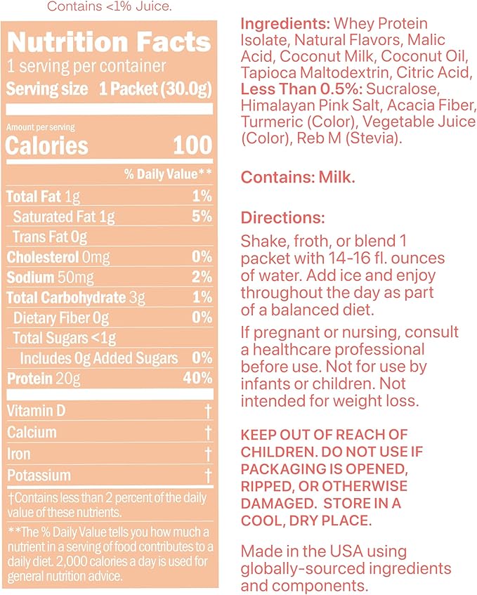 Oath Nutrition Clear Whey Isolate Protein Powder Peaches &amp Cream 20g Complete Protein per Serving No Added Sugar Grass-Fed Single Serving (6 Count)