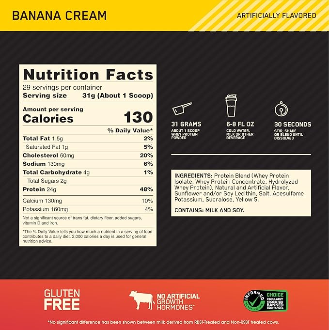 Optimum Nutrition Gold Standard 100% Whey Protein Powder Banana Cream 2 Pound (Packaging May Vary)