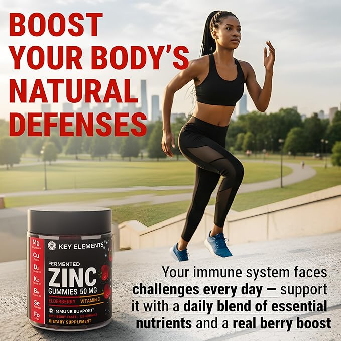 Immune Support Zinc Gummies 50mg with Elderberry Vitamin C and Zinc Supplements - Natural Antioxidant with Copper Vitamin D3 K2 Magnesium - Rich Berry Taste Sugar-Free 120 Gummies