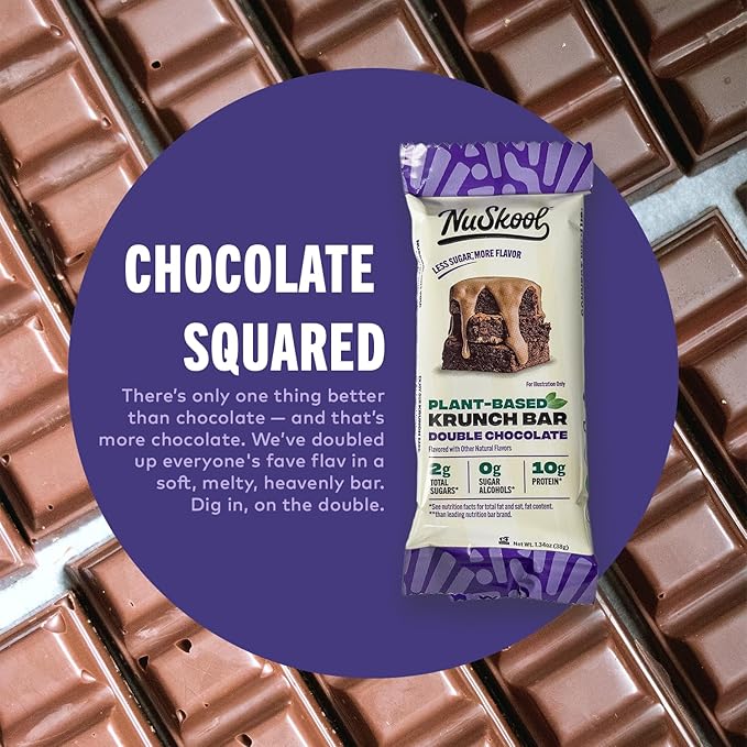 NuSkool Snacks Double Chocolate Keto Friendly Protein Krunch Bars (12 Pack) - 7g Fiber 10g Clean Plant-Based Protein 3g Net Carbs - Gluten-Free Non-GMO Vegan Low Carb Keto Healthy Breakfast Snack
