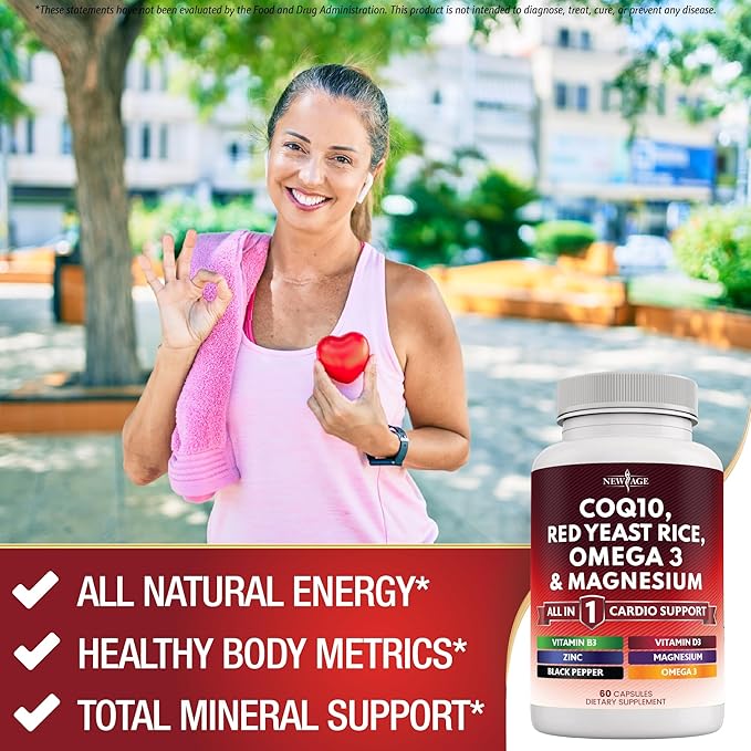 NEW AGE COQ10 200mg Red Yeast Rice 3000mg Omega 3-6-9 3000mg Magnesium Complex 500mg Zinc Vitamin K2 D3 - Vitamins for Women and Men with Vitamin B3 Coenzyme Q10-120 Count