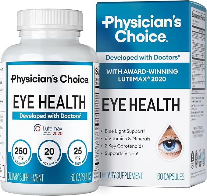 Physician's Choice Eye Health - Lutein Zeaxanthin &amp Bilberry Extract - Supports Eye Strain Dry Eyes and Vision Health - 2 Award-Winning Clinically Proven Eye Vitamin Ingredients - Carotenoid Bl