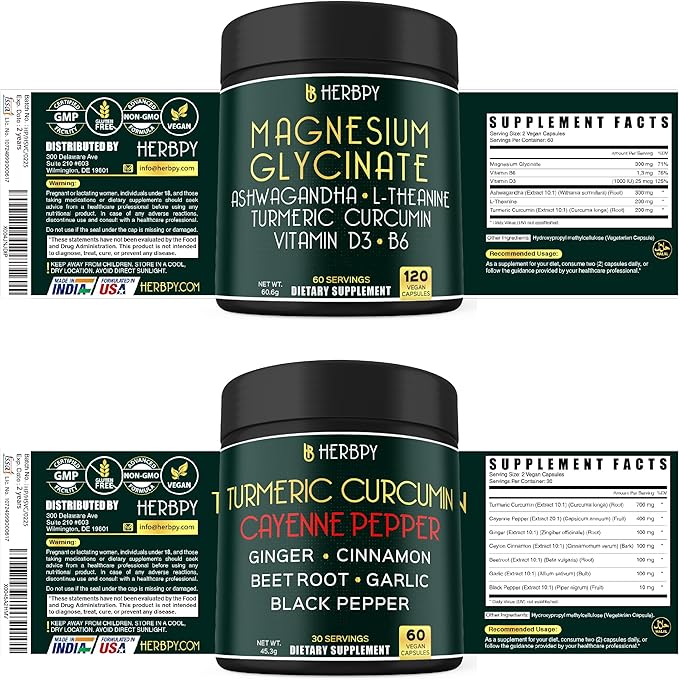 Bundle 6in1 Magnesium Glycinate Supplement &amp 2-Pack 7in1 Turmeric Curcumin Supplement