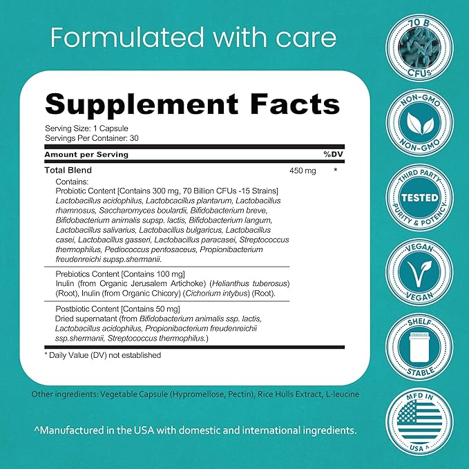 NaturaLife Labs Probiotics 70 Billion CFU – 15 Strains with Organic Prebiotic &amp Postbiotic – 3-in-1 Formula – 30 Vegan Capsules (2 Pack)