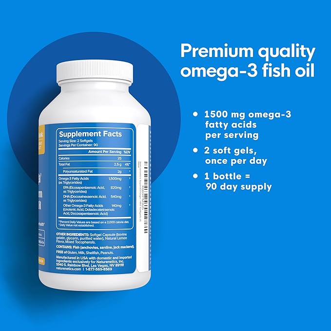Triglyceride Omega 3 Fish Oil – High EPA &amp DHA for Eye Joint Heart &amp Brain Support – Omega-3 Fatty Acids - Lemon Flavor – 180 Softgels – 90 Day Supply