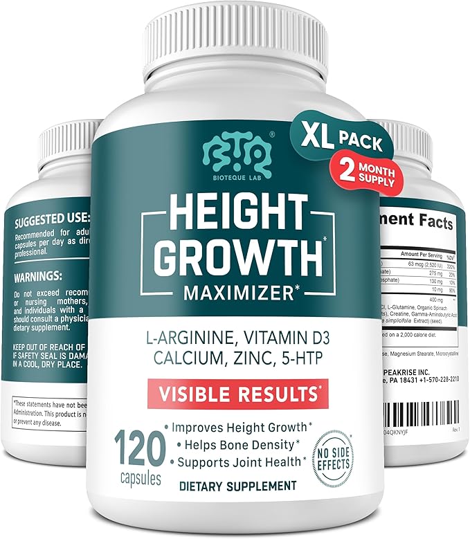 Height Growth Maximizer Calcium Vitamin D3 and Zinc Blend Pills Bone Growth Supplement for Kids and Teens Bone Strength Density Support GMO-Free Gluten-Free Made in USA 120 Caps
