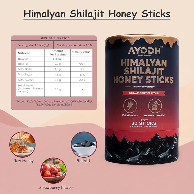 Himalayan Shilajit Honey Sticks with Natural Honey Strawberry Flavor – 30 Count 75%+ Fulvic Acid 85+ Trace Minerals Easy Single-Use Energy &amp Immunity Support