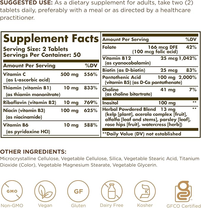 Solgar B-Complex with Vitamin C Stress Formula - 100 Tablets Pack of 2 - Non-GMO Vegan Kosher Halal &amp Gluten Free - 100 Total Servings