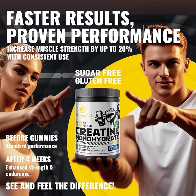 Natures Aid NSF Certified Creatine Gummy 5g - Creatine Monohydrate Gummies – Pre-Workout Energy &amp Muscle Growth Support for Men &amp Women | Pineapple Electrolyte Gummies (135 Count)